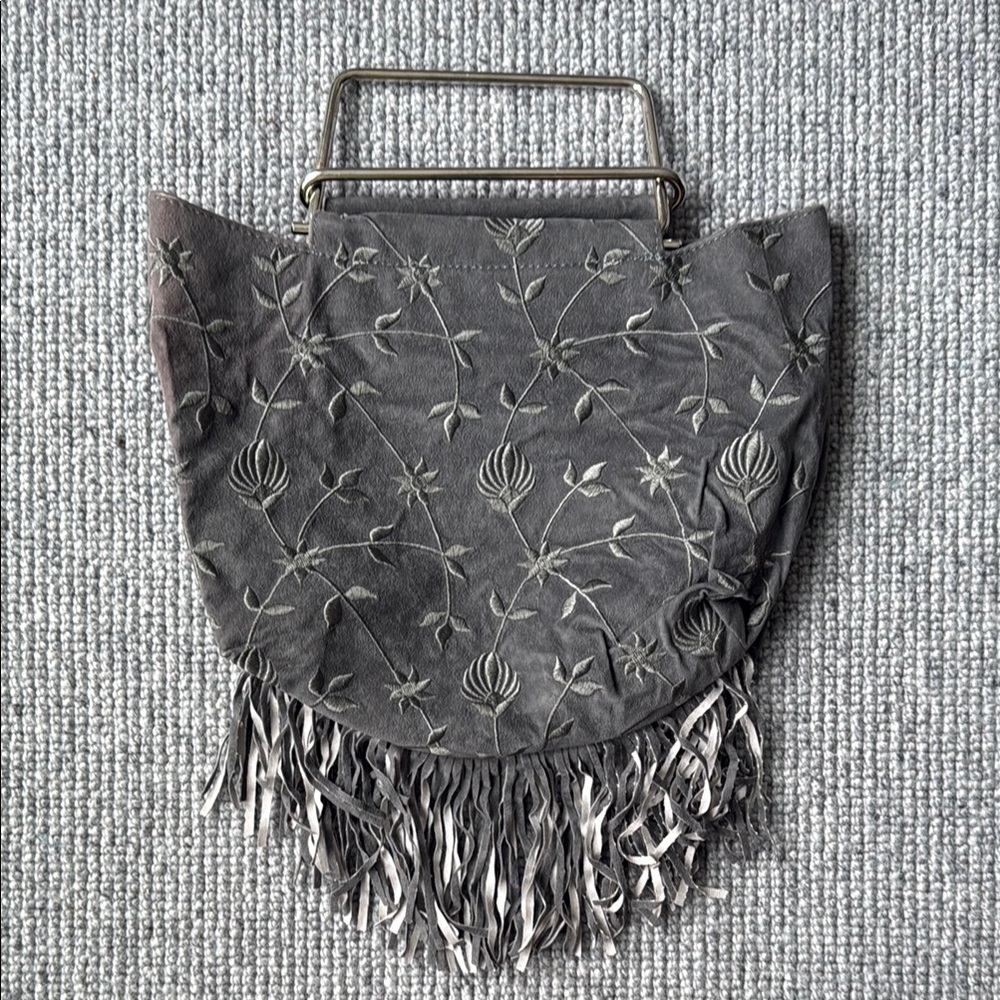 Comeco Velour Fringe Purse Gray Embroidered Fringe Handbag Silver Handles